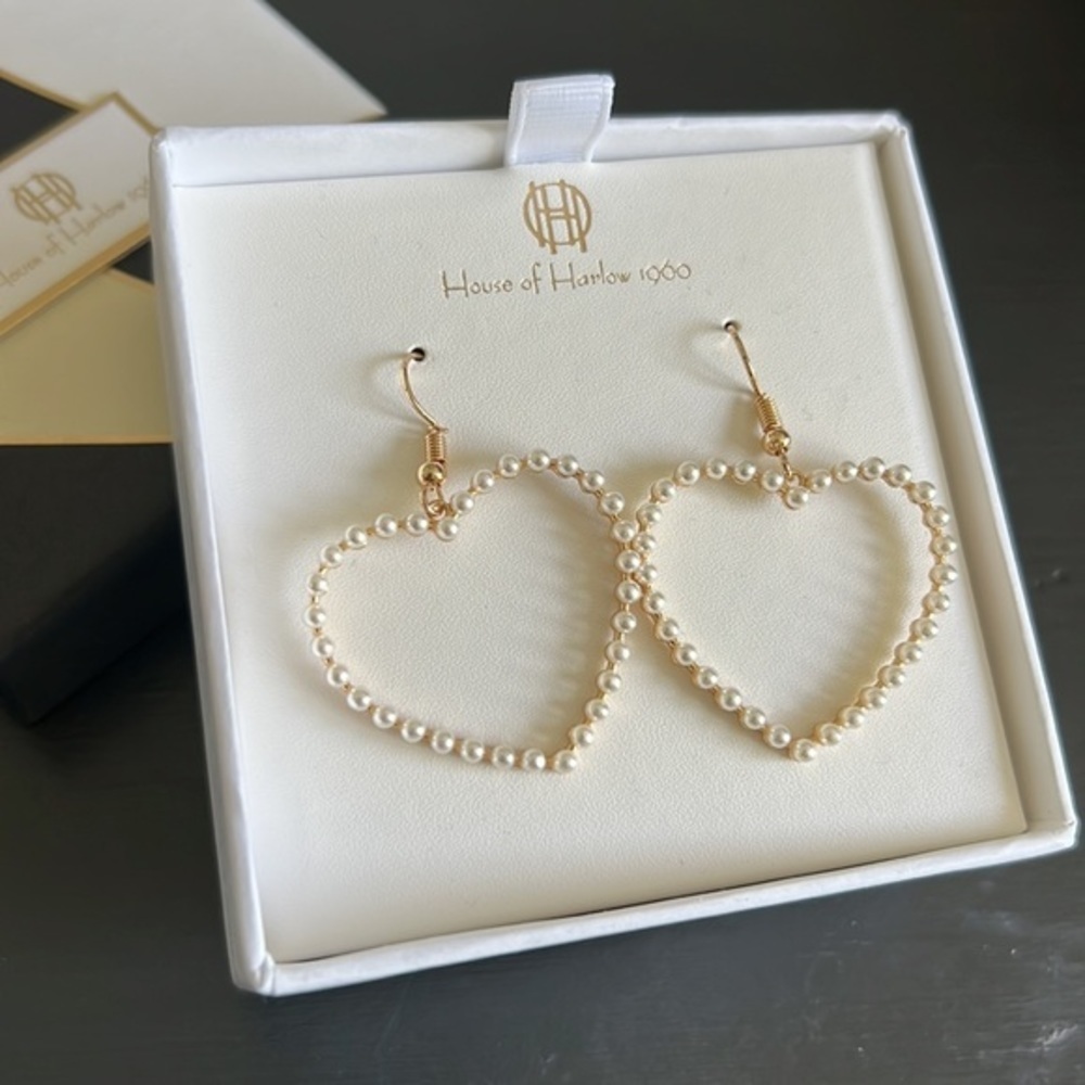 House of Harlow Pearl Embellished Heart Drop Earrings, Gold NWT - Picture 2 of 3